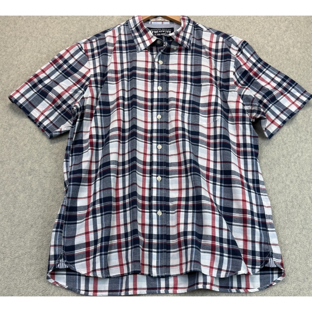 VTG The New Ivy Mens Button Down Shirt Blue White Plaid Cotton Short Sleeve L